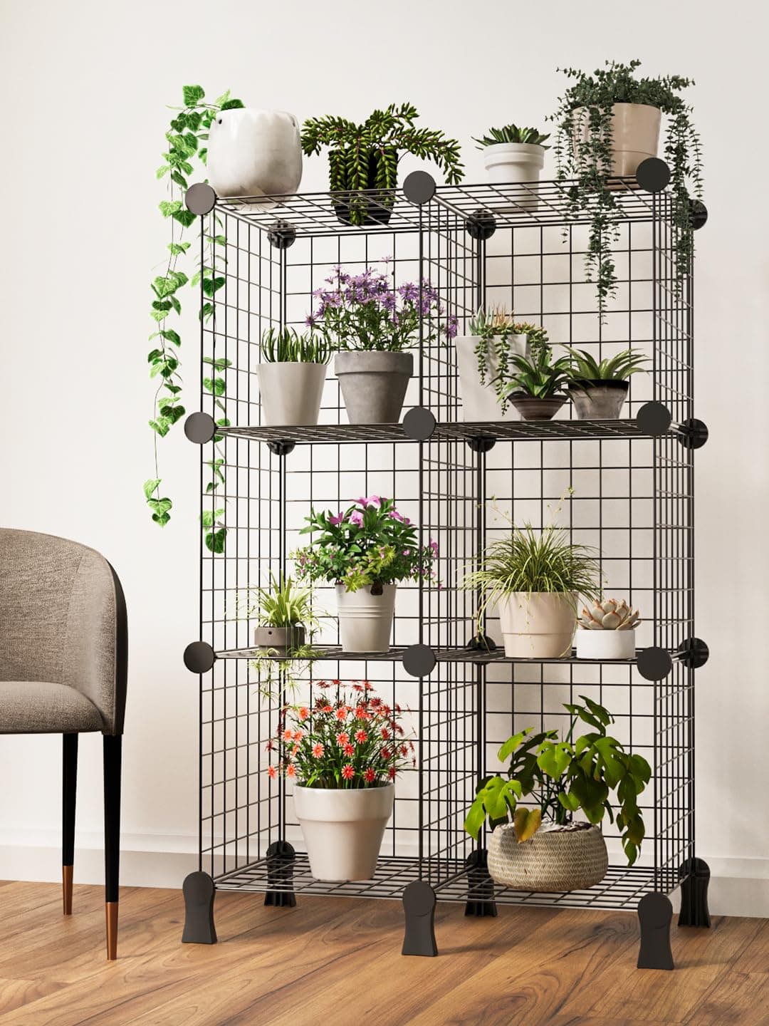 BOXJOY 6 Shelf Grid Metal Plant Stand for Balcony Garden and Living Room Indoor Outdoor Pot Stand Holder Decorative Flower Planter Shelf Rack for Home Decoration Items and Gamla Storage Black
