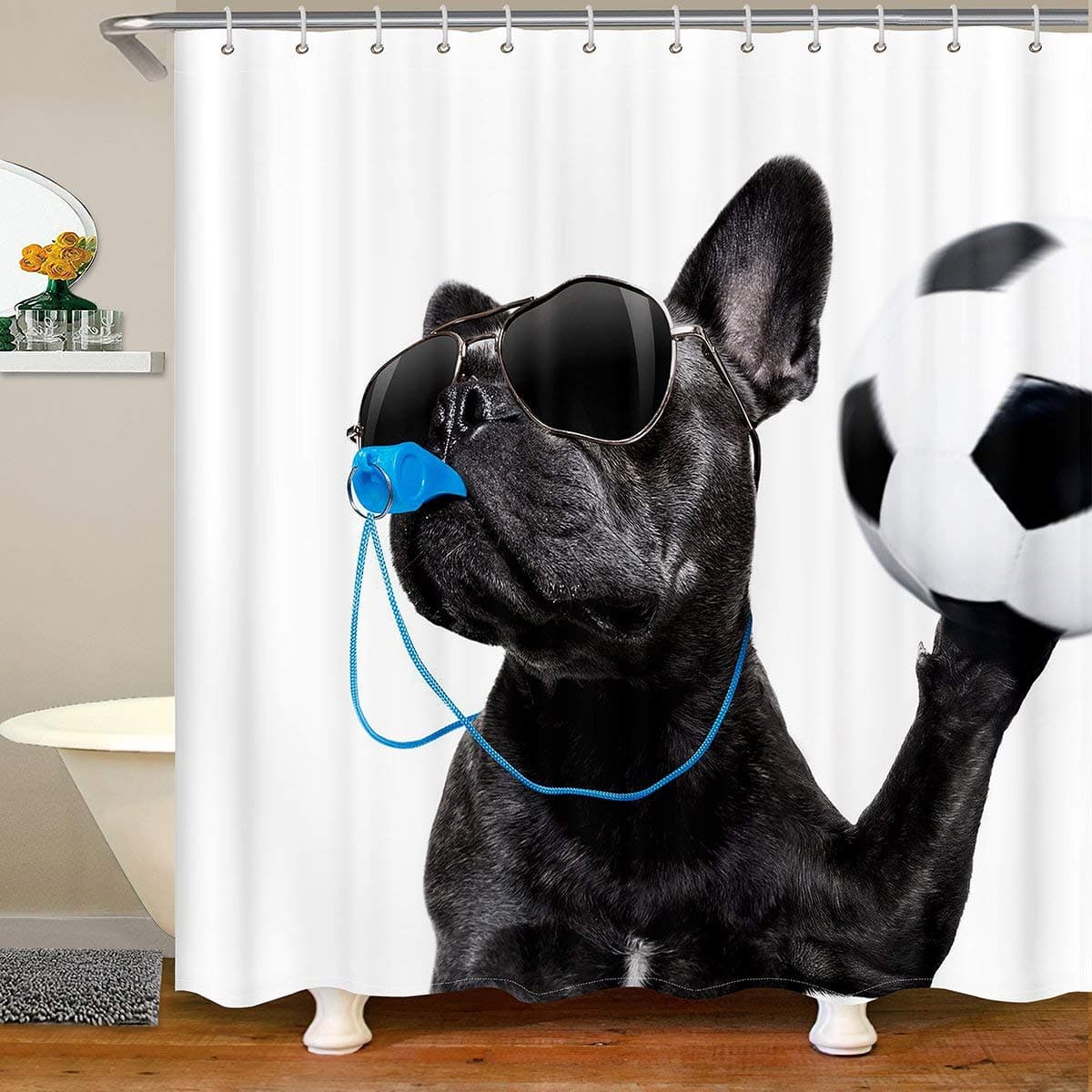 Soccer Ball Waterproof Shower Curtains Dog Football Fabric Bathroom Shower Curtain Kids Boys Sports Competitive Design Shower Curtain Accessories with Hooks Funny Dog Referee Curtains72x72 Inches