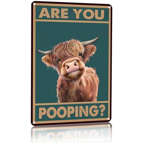 MAKABEE Vintage Highland Cow Tin Sign: Funny "Are You Pooping?" Bathroom Wall Decor for Western & Highland Cow Lovers 8 x 12 Inch (Highland Cow)