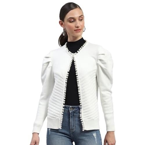 Monte Carlo Womens White Self Design V Neck Full Sleeves Cardigan (1243586RN-1-36)