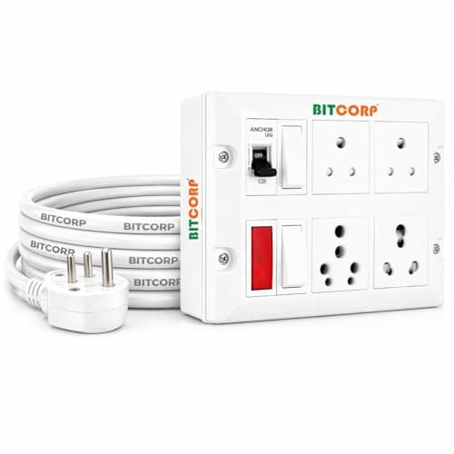 BITCORP 16A Power Extension Board with 4 Socket 2 MCB, 2500W MCB Overload Protector, 4 Meter 1.5mm Electric Cord for Computer, Refrigerator, AC, TV, Home and Office Appliances