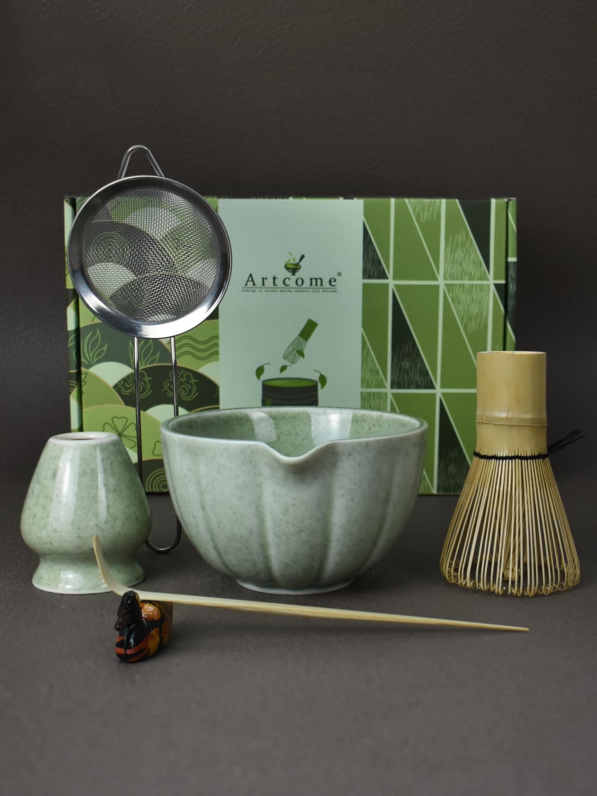 Artcome 6Piece Japanese Tea Set Matcha Bowl with Spout Whisk Scoop Holder Handmade Ceremony Kit