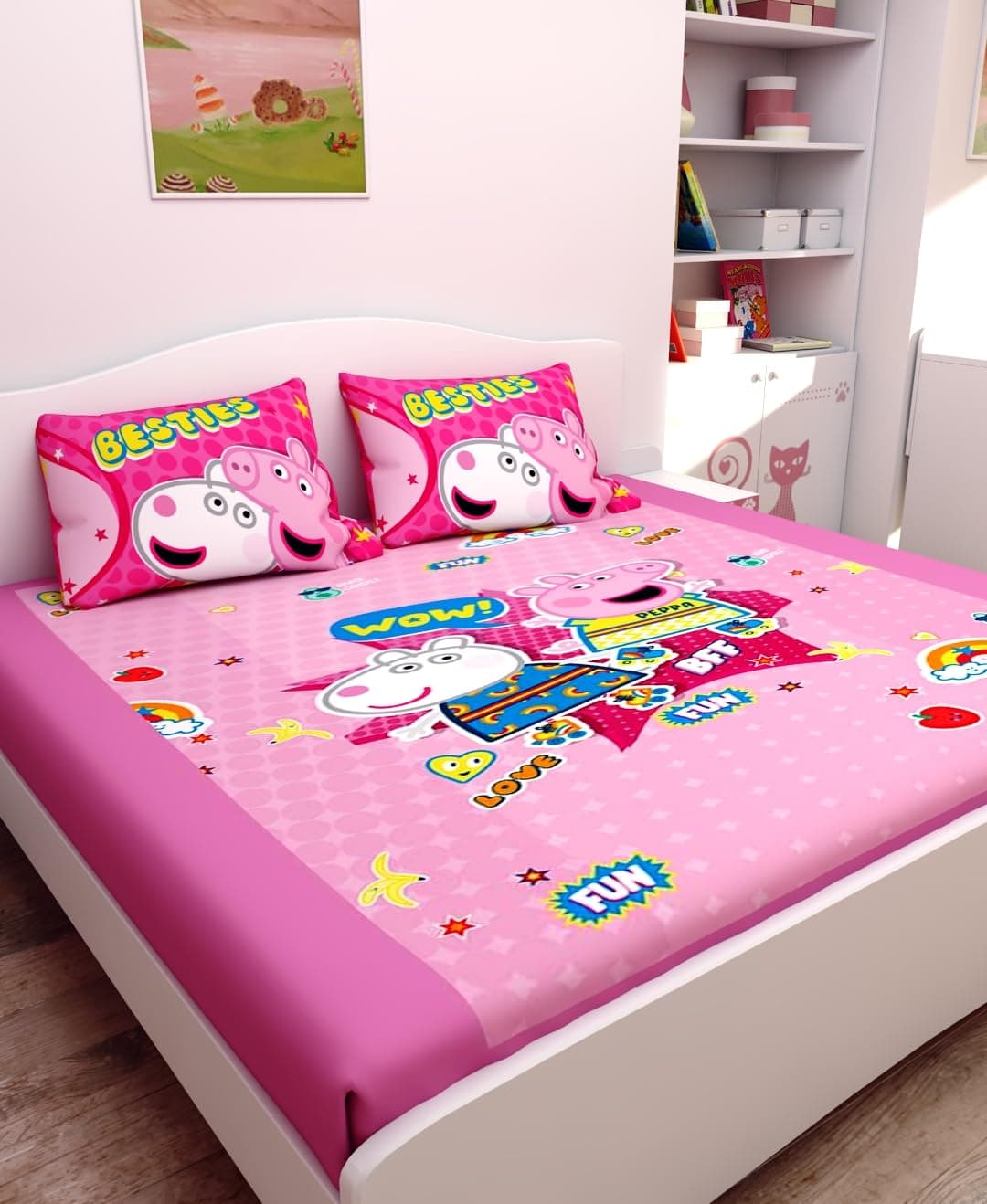 Athom Living Peppa Pig (Pink) Themed Cotton Double Bedsheet Set with 2 Matching Pillow Cover, Premium Soft Fabric, Vibrant Designs, Perfect for Kids Bedroom, Easy Wash & Durable | 270x270 cm