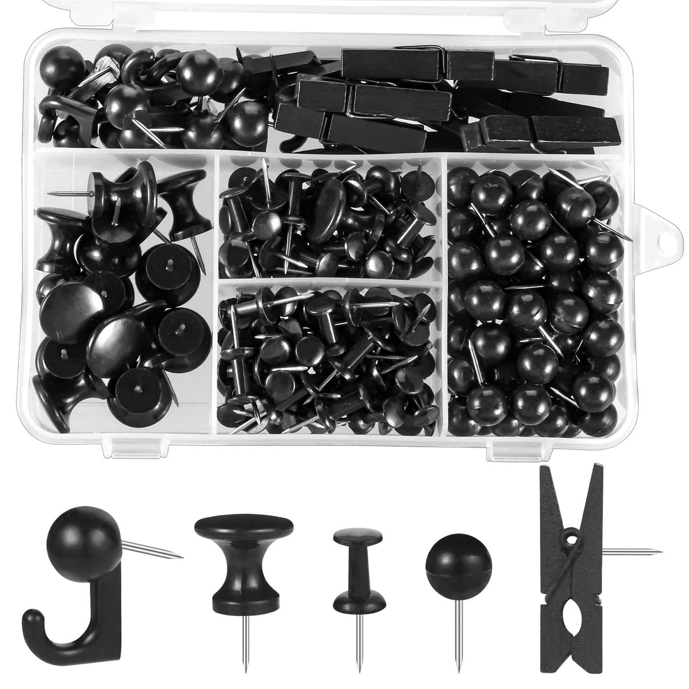 200 Pieces Push Pins Thumb Tacks Black Push Pins for Cork Board 5 Style for Bulletin Boards Wall Maps Pictures Office Home Supplies