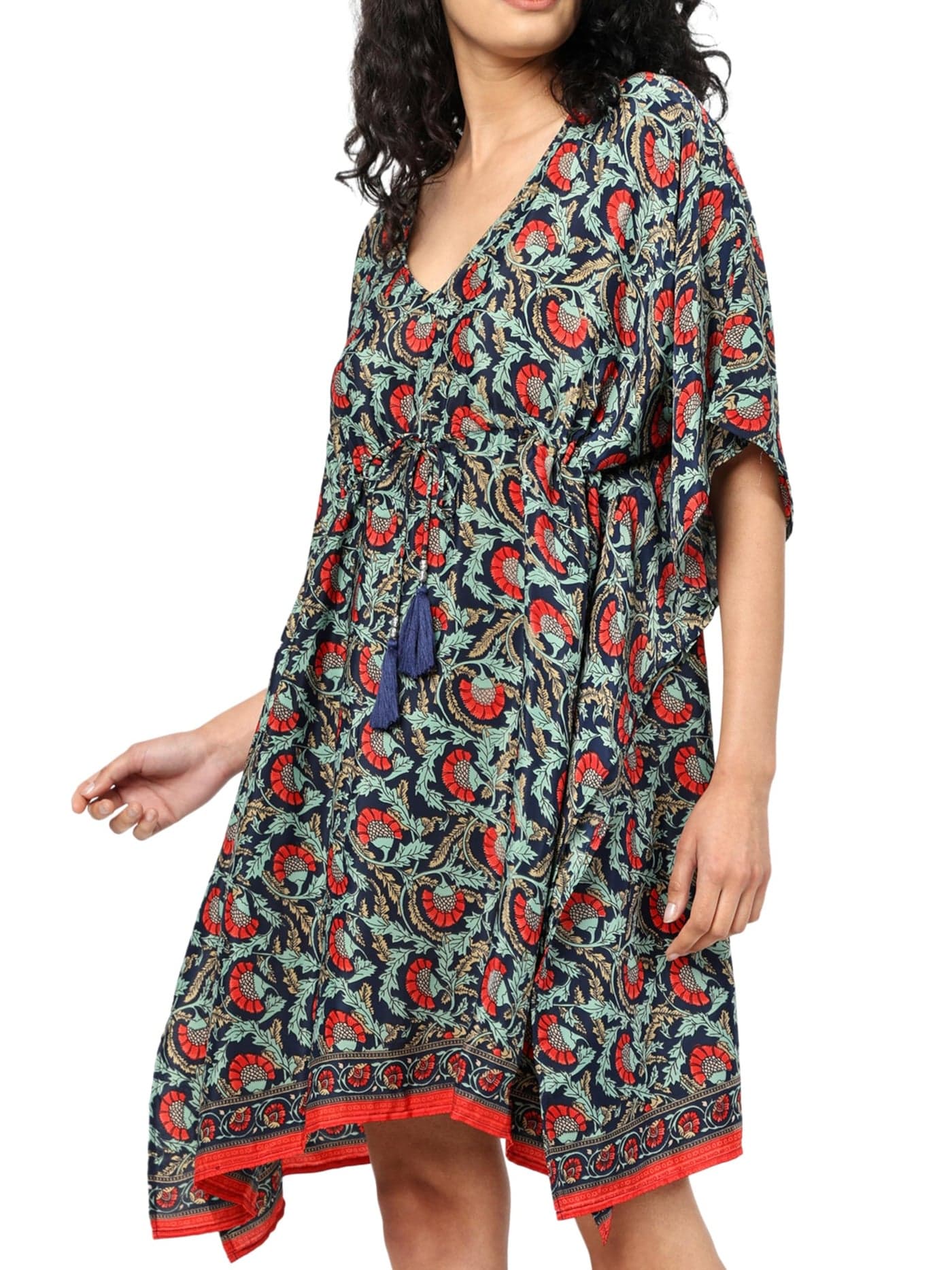 KE KANHA EXPORTS Kaftan Dress|kafthan dress for women|kaftan kurti for women|beach wear|Boho Beach|Border Print Drawstring Tassel|Printed|Easily fits M TO XXL|Bust32-42in Length36in