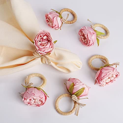 Handcraft Flower Napkin Rings Set of 6,Pink Peony Flower Handmade Napkin Holder Rings Table Decorations for Summer,Wedding,Luncheons,Picnics,Banquet, Birthday,Christmas,Valentine's, Thanksgiving