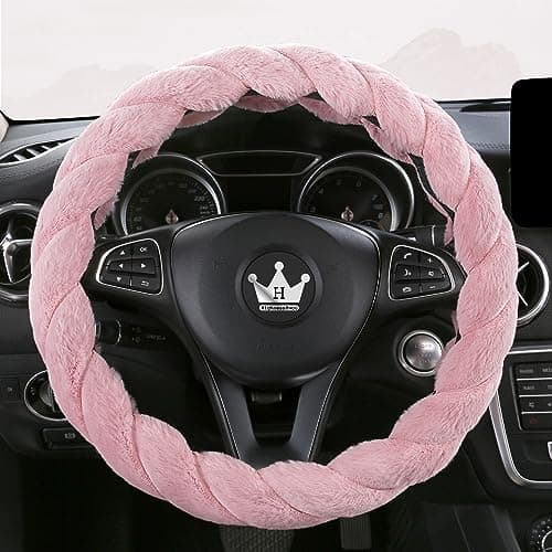 HighnessHwoo Luxury Fluffy Winter Car Steering Wheel Cover for Women Soft Warm Plush Cute Auto Accessories for Vehicle, Sedan, Universal, Fuzzy, Anti Slip, Pink, Standard Size, 14.75-15.15"