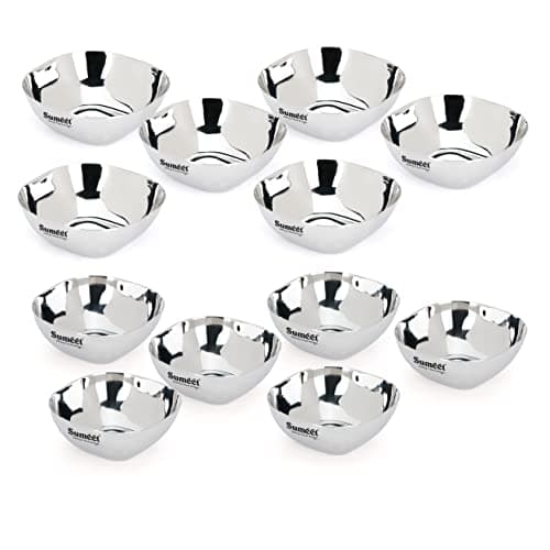 Sumeet Heavy Gauge Stainless Steel Apple Square Bowl/Wati/Katori with Mirror Finish, Combo set of 12pc, 10.6cm & 11cm Dia, 250ML & 350ML (Each 6Pc) - Silver