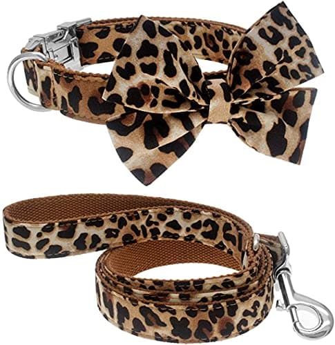 Dog Collar with Bow, Cotton & Webbing, Detachable Bowtie Dog Collar, Adjustable Dog Collars and Leash for Small Medium Large Dogs (S, Leopard Print)