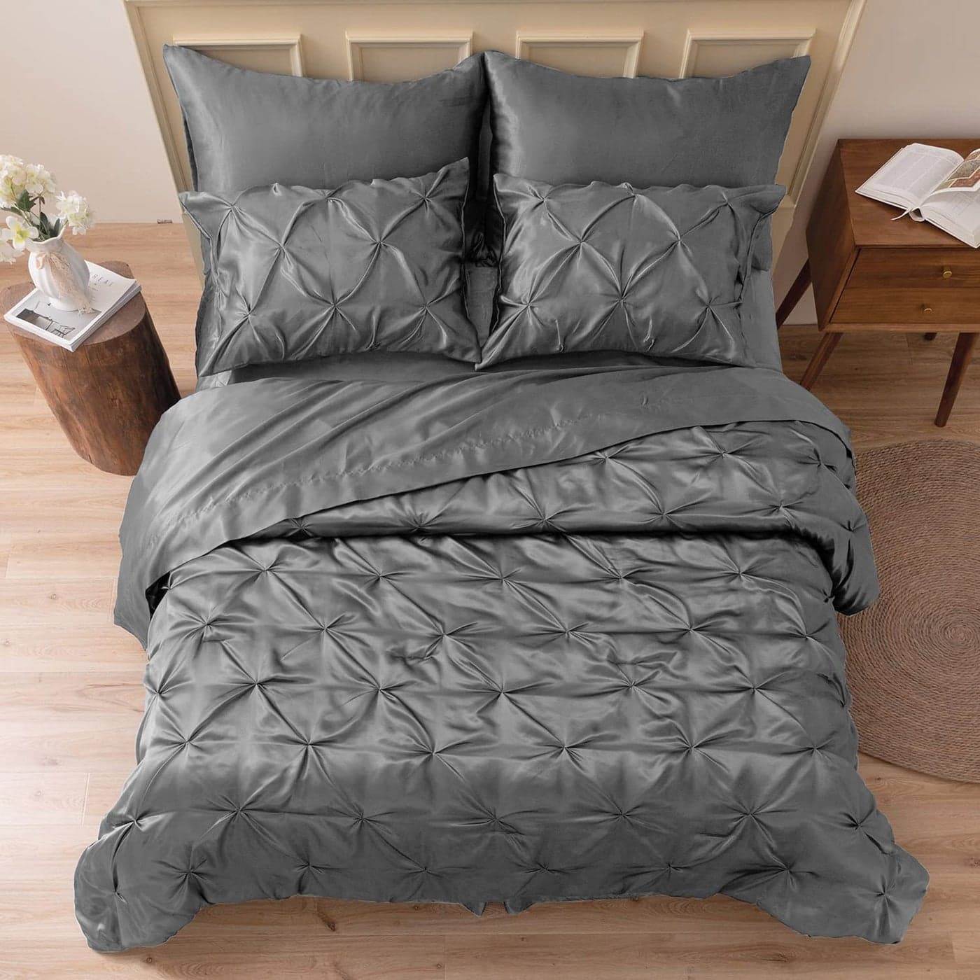 MRHM Satin Comforter Queen 7 Pieces Luxurious Pinch Pleat Bedding Set with Comforter Flat Sheet Fitted Sheet Pillowcases Shams Super Silky Soft Bed Set for All Season Queen Dark Grey