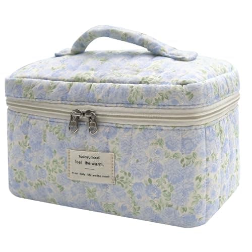 1pc Large Makeup Bag, Cute Cosmetic Bag for Women Girls, Floral Coquette Aesthetic Toiletry Bag, Travel Make Up Organizer Bag (Green Leaves Blue Flowers)