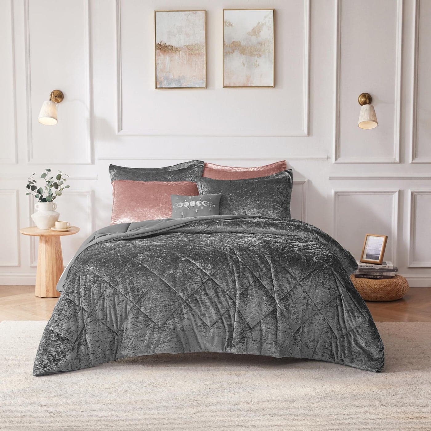 Intelligent Design King Comforter Set Velvet Comforter Set Luxury Diamond Quilting Comforter Set Fluffy Comforter Bed Set with Decorative Pillowand 2 Shams 4 Piece Grey King Cal King