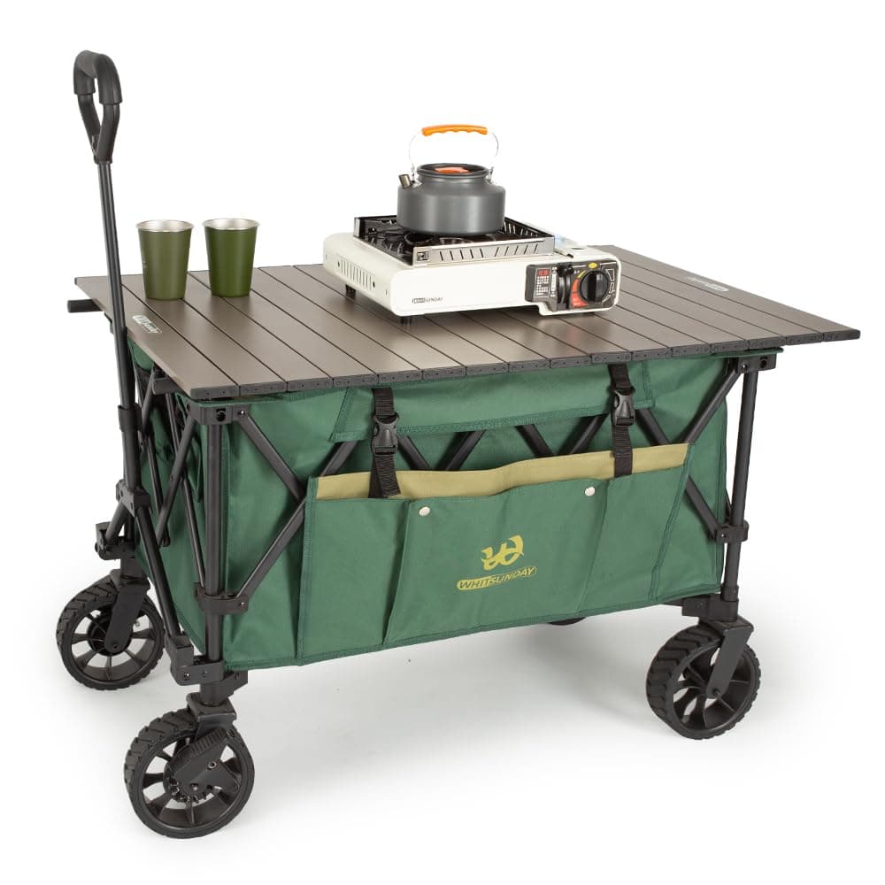 Whitsunday Folding Collapsible Utility Wagon 400Lbs Heavy Duty Outdoor Park Beach Wagon with Table and Side Pocket for Garden Camping Sports Shopping Green