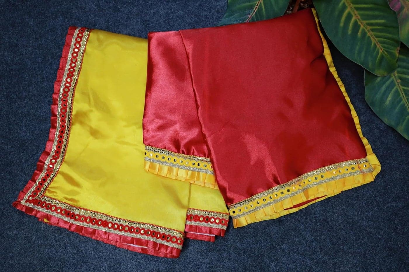 HKD SALES SILK Altar Cloth Kapda Assan Asan Pooja Cloth for Mandir Decoration Pooja Aasan pooja cloth for table 1 meter red 1 meter yellow Aasan for Puja and Mandir Meter Red Yellow