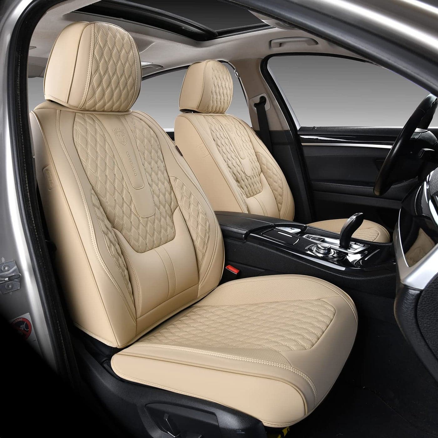 Coverado Front Seat Covers Car Seat Covers Front Seats Nappa Leather Seat Covers for Cars Waterproof Seat Covers with Lumbar Support Universal Fit for Most Cars SUV Trucks Front Beige