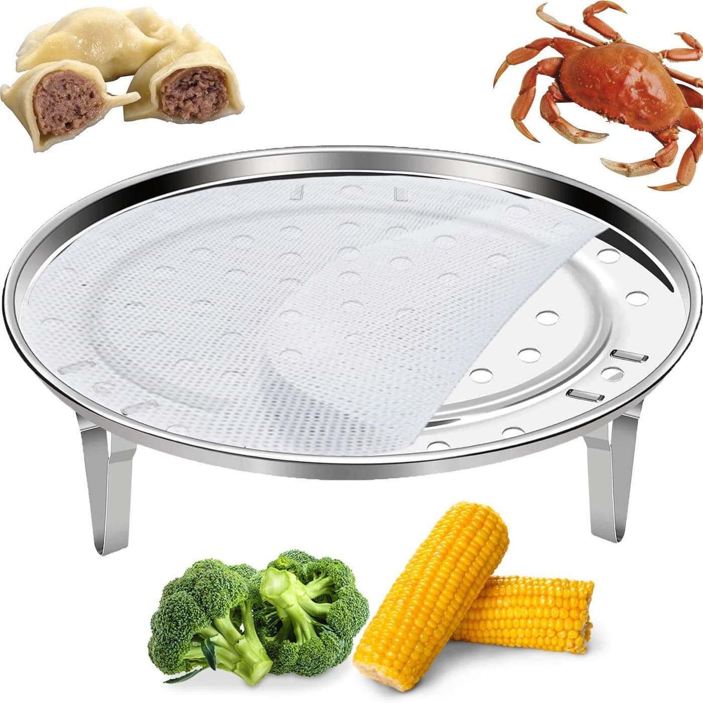 Round Steamer Rack 1pcs with Silicone Liners Stainless Steel Food Steamer Basket with Removable Stand for Cooking Instant Pot Steamer Basket for Vegetables Dumplings fish and Seafood Round69inch175cm