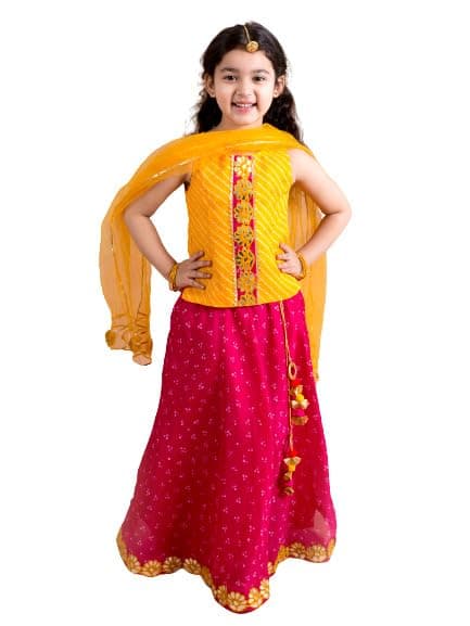 Pspeaches Girl's Magenta Yellow Embroidered Polyester Readymade Lehenga And Choli Set (Pink-3-4Y)