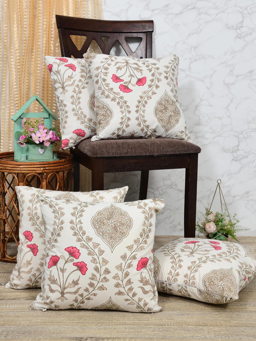 Clasiko Cotton Cushion Covers Set of 5; 24x24 Inches; Pink Beige Floral