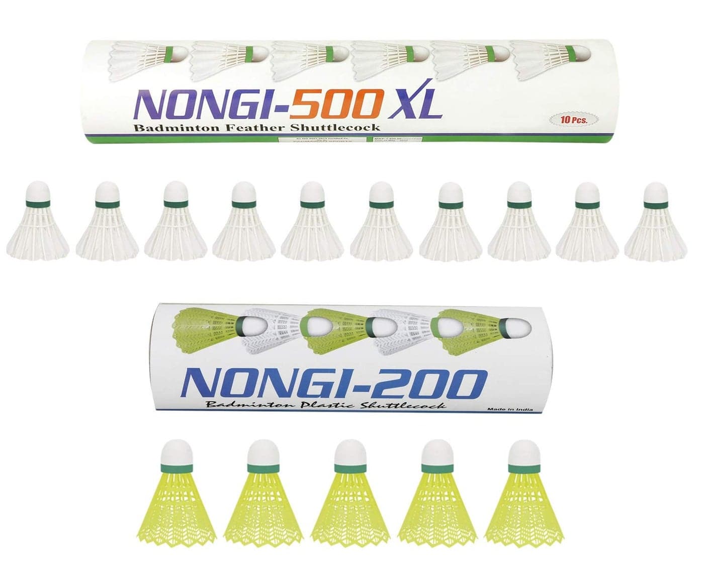 Nongi Combo Pack of 15 Shuttlecocks 500XL(10 White Feather), 200(5 Yellow Plastic) for Outdoor Indoor Sports