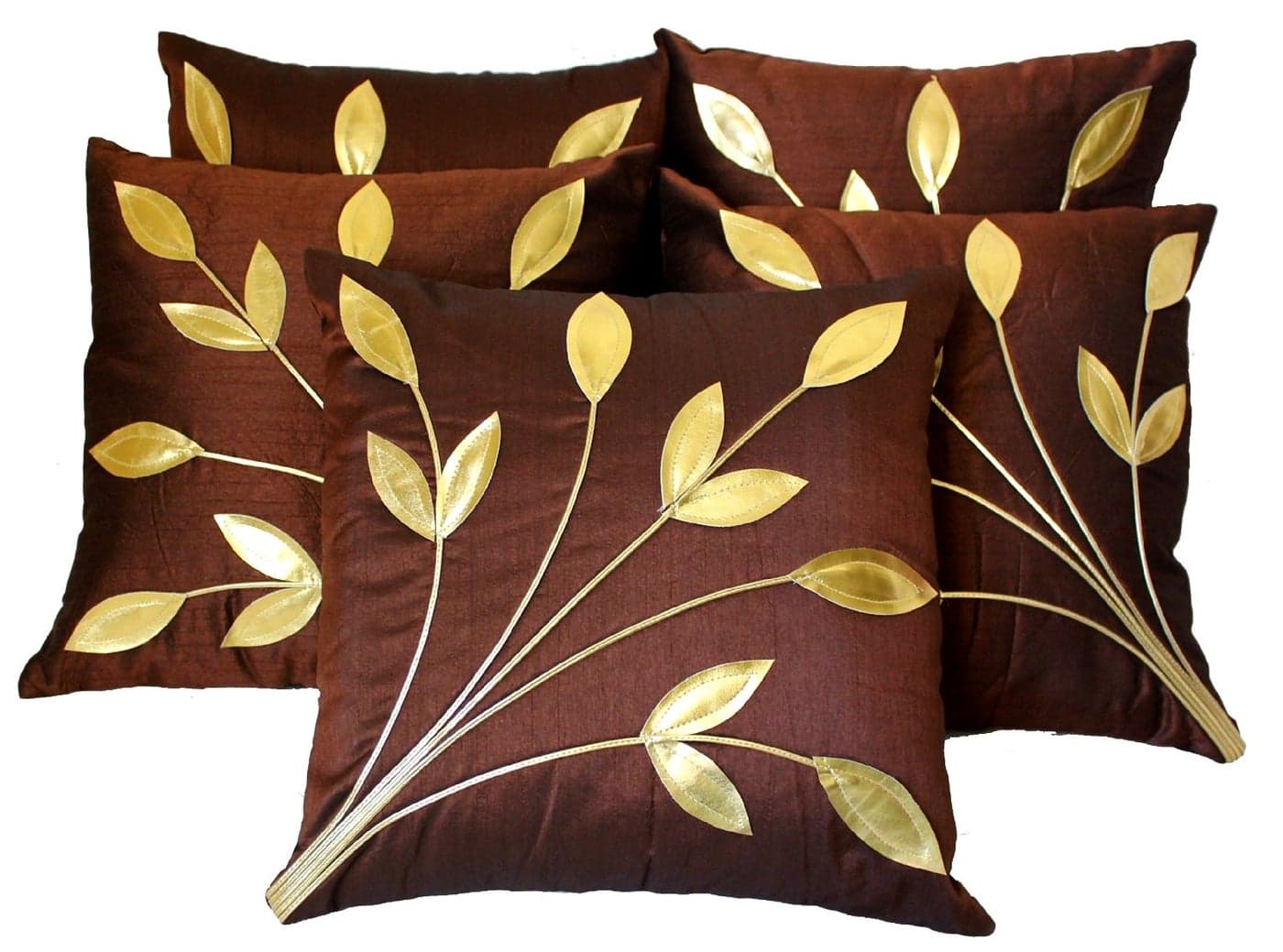 Urvaan Silk Golden Floral Cushion Covers, 16 X 16 Inch, Brown, Set of 5