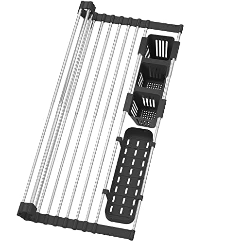 Black Expandable Roll Up Dish Drying Rack Up to 22.8''with 2 Storage Baskets,Over The Sink Kitchen Rolling up Dish Drainer Drying Rack , Foldable,Rollable,for Kitchen Dishes(Expandable Width Size)
