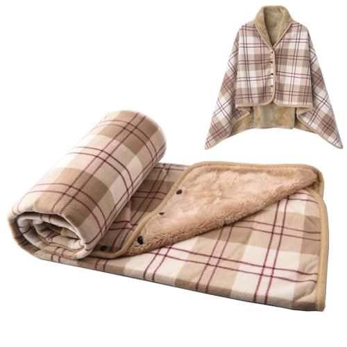 forestfish Fleece Wearable Blanket, Plaid Lap Blanket Comfy Poncho Throw with Buttons for Bed Sofa Office, Brown-White