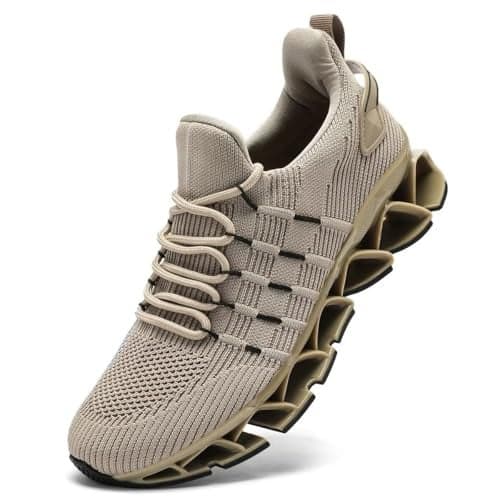 Mens Slip On Walking Shoes Blade Non Slip Tennis Running Shoes Lightweight Workout Breathable Mesh Fashion Sneakers Khaki