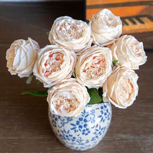 DUYONE Fake Flowers for Decoration Home Decor Real Touch Artificial Flowers Austin Rose Peony Latex Fake Flower Living Room Decoration Vivid Pink Roses Peonies (Champagne 4pcs)