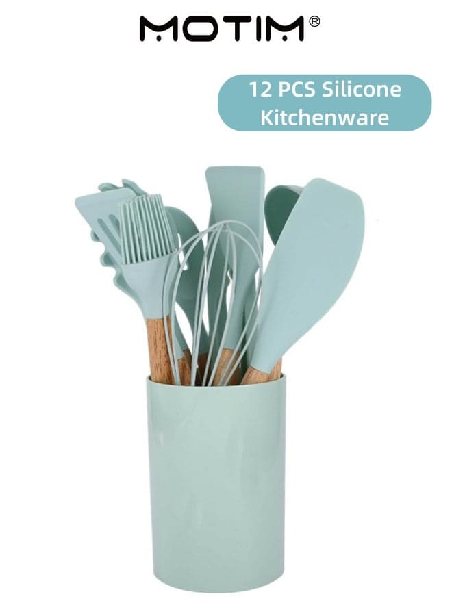 12 PCS Silicone Kitchenware Non-Stick Cookware With Bucket Light Silicone Cooking Spoon Wooden Handle Spatula Set For Non-stick Cookware