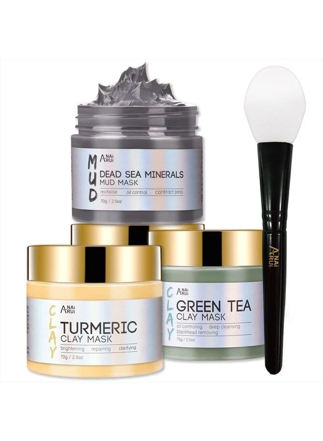 Turmeric Clay Mask - Green Tea and Dead Sea Minerals, Spa Facial Mask Set for Pore Treatment/Smooth/Clarify, Indoor Use, 2.5 oz each