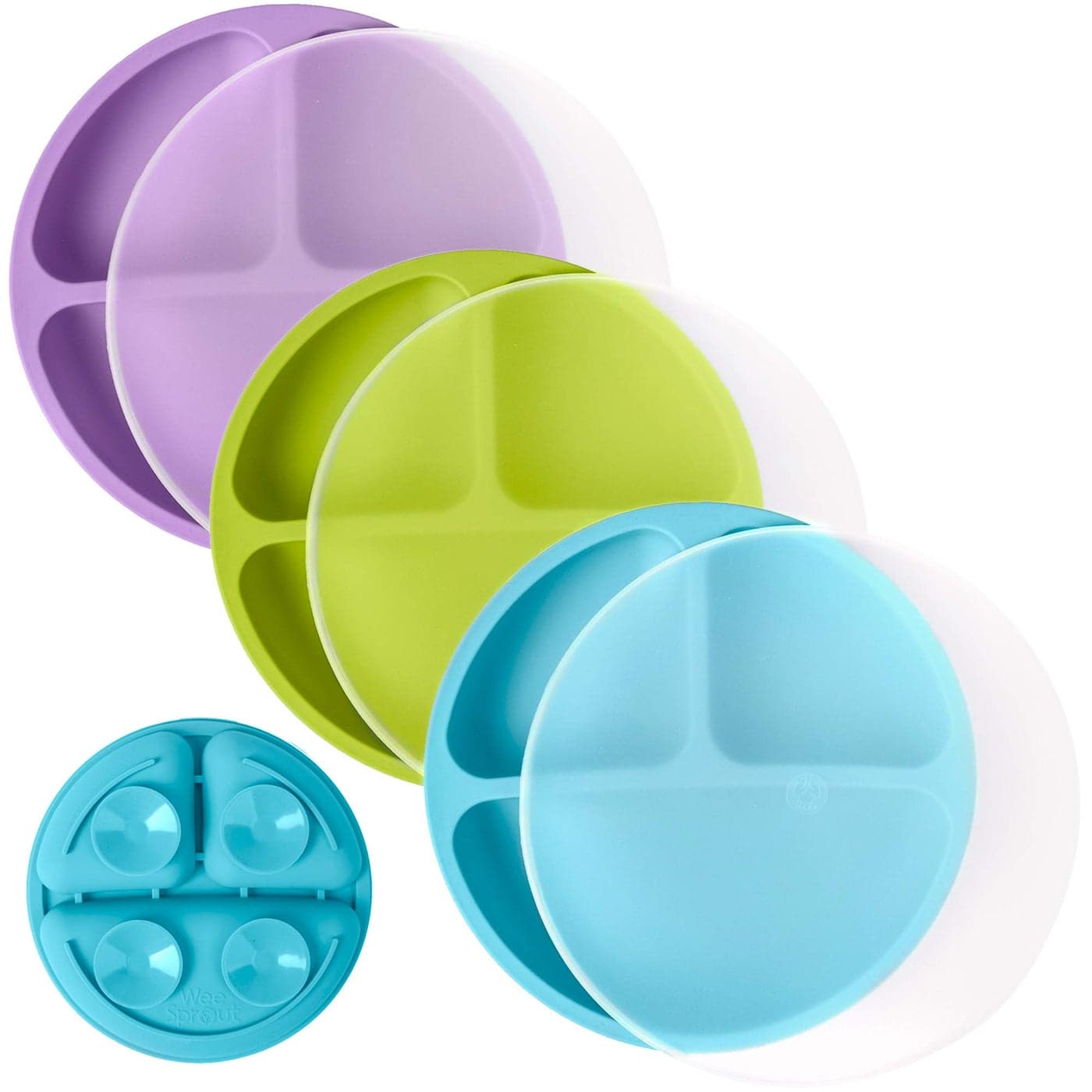 WeeSprout Suction Plates with Lids for Babies Toddlers 100 Silicone Dinnerware Stays Put Divided Design for Picky Eaters Microwave Dishwasher Friendly 3 Pack