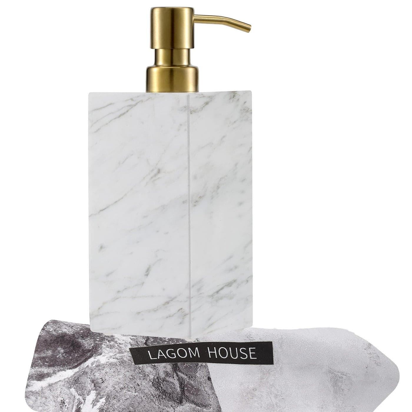 LAGOM HOUSE Marble Soap Dispenser White Italian Natural Stone Marble Liquid Hand Soap Dispenser Decorative Bottle for Kitchen Bathroom Countertop Gold Stainless Steel Lotion Pump Dispenser