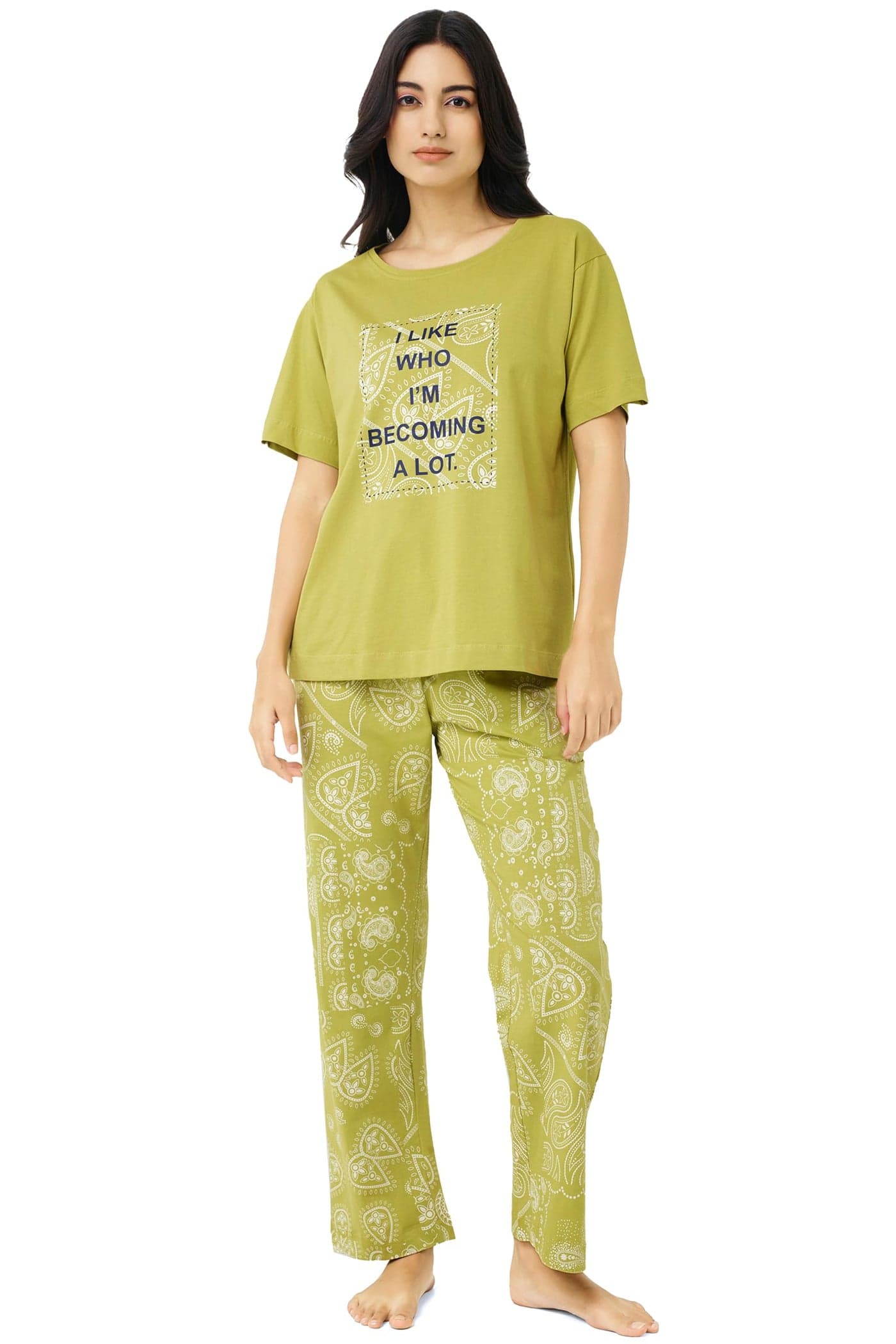 I Like Me Night Suit for Womens Greenish Yellow Bohemian Printed Cotton Drop Shoulder Top and Pajama Set 9407