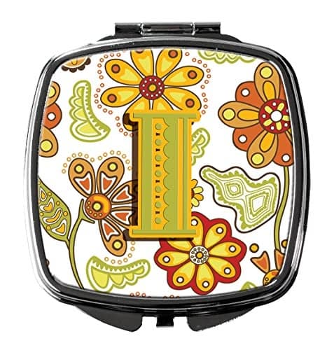 Caroline's Treasures CJ2003-ISCM Letter I Floral Mustard and Green Compact Mirror Decorative Travel Makeup Mirror for Women Girls Gifts Pocket Makeup Mirror Folding Handheld