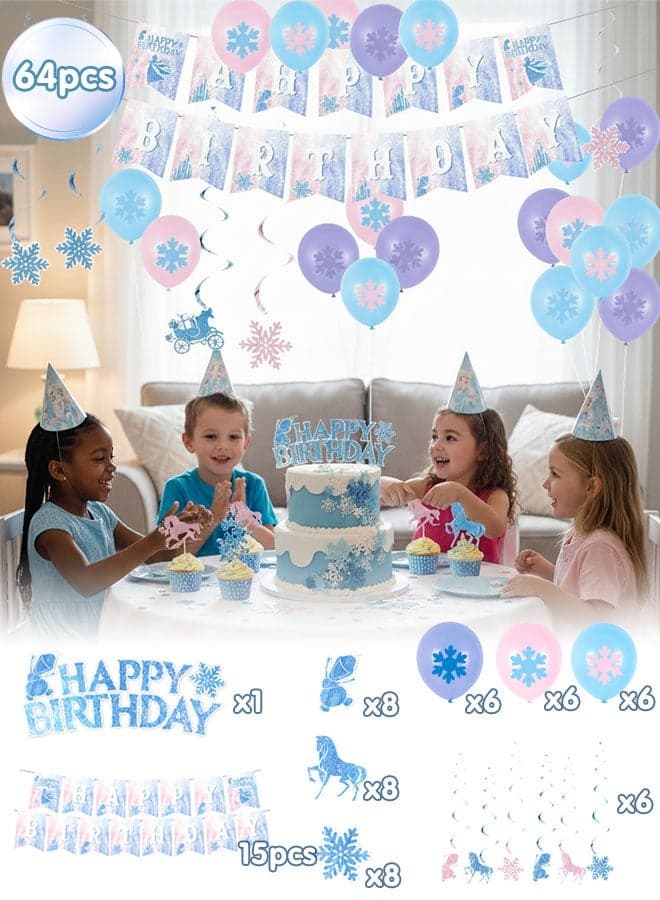 Frozen Birthday Party Supplies Set, 64PCS Decorations Kit with Banner, Balloons, Cupcake Toppers, Cake Topper & Hanging Swirls for Kids Girls Birthday Party