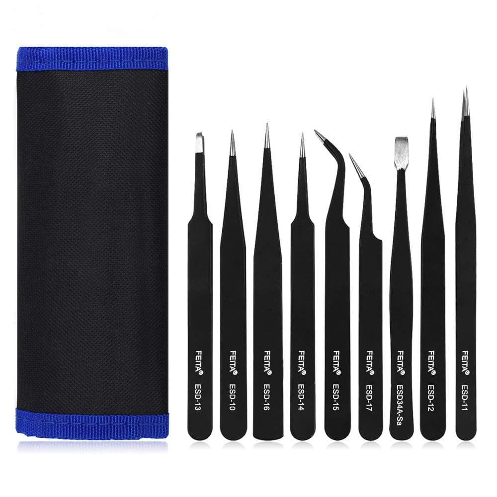 Precision Tweezer Set FEITA Professional ESD Stainless Steel Anti static Tweezers Kit for Electronic craft Jewelry Watchmakers Hobby Black 9 Pcs