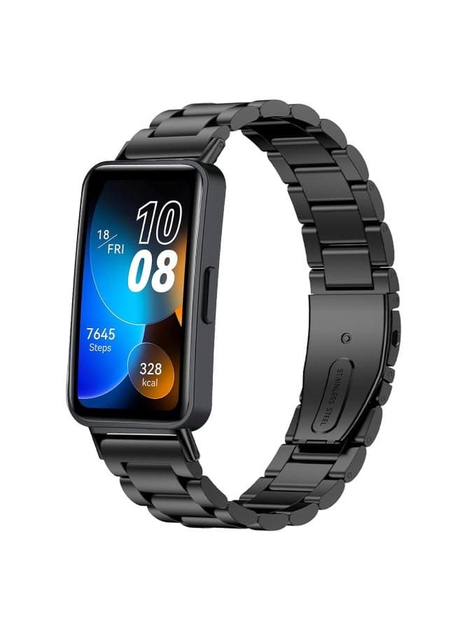Stainless Steel Watch Strap for Huawei Band 10/Huawei Band 9/Huawei Band 8, 3 Beads Stainless Steel Adjustable Smartwatch Replacement Bracelet Wristbands for Women Men (Black)