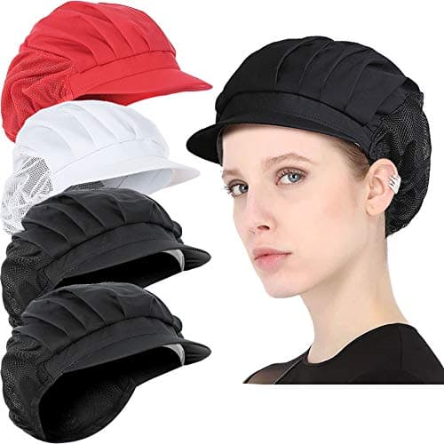4 or 8 Pack Chef Hat Kitchen Cooking Chef Cap Adjustable Food Service Hair Nets Reusable Washable Mesh Bouffant Beanie (One Size, 4 Pack Brim Black+Red+White)