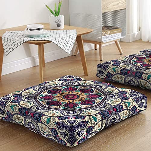 Mandala Meditation Cushion, Boho Meditation Mat, Meditation Pillows For Sitting on Floor, Cushions for Sitting in Home and Outdoor, Square Floor Pillow Cushion Seating for Yoga Accessories 22'' x 22''