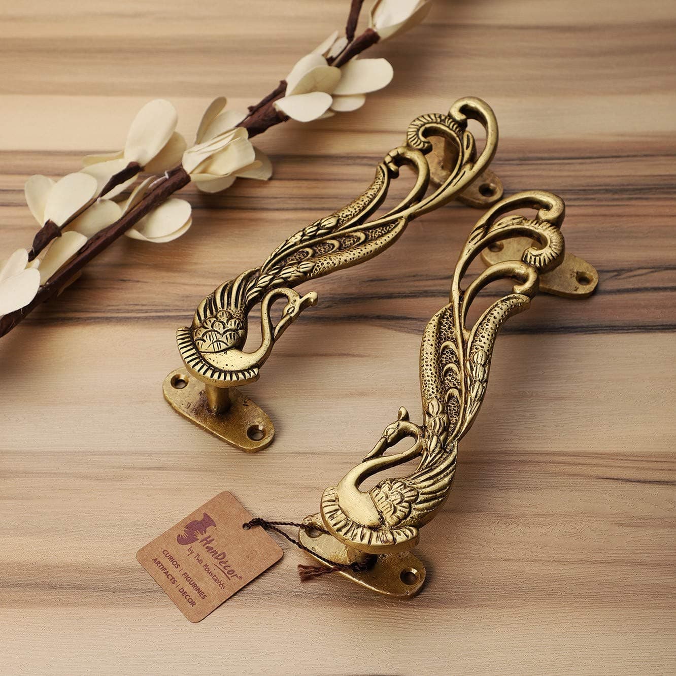 Two Moustaches Peacock Design 7 Inches Brass Door Handle Pair Antique Yellow Standard Pack of 1 Brass Pull Handle Pair