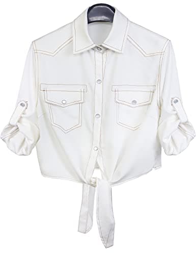 AMEBELLE Women's Roll Up 3/4 Sleeve Tie Front Knot Shirt Chambray Denim Crop Top(0088-White-L)