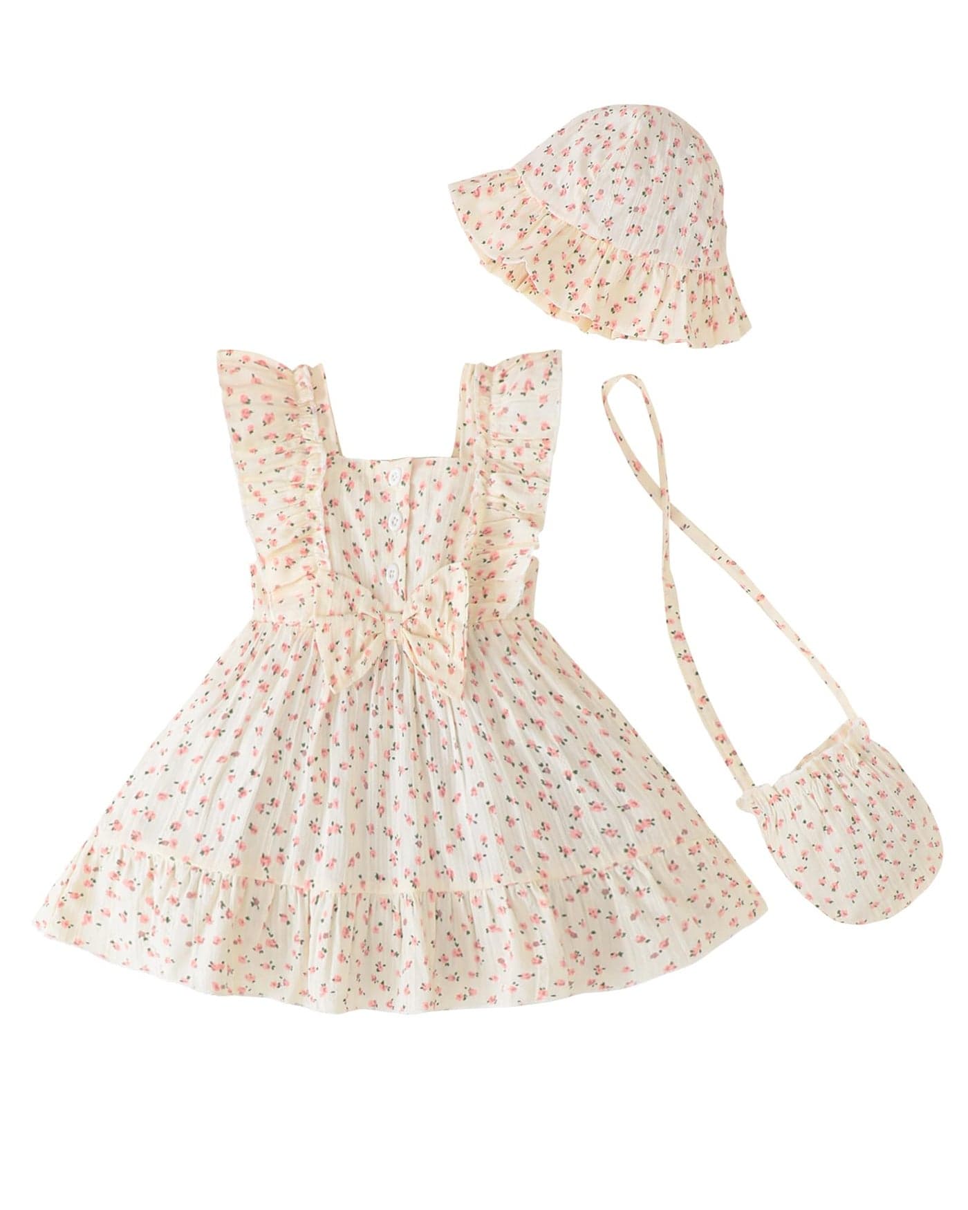 Renotemy Baby Girl Summer Dress Boho Outfits Cotton Linen Beige Floral Casual Flower Sundress with Hat and Bag Party Beach Vintage Dresses Infant Girls Clothes 6-9 Months 12 Months