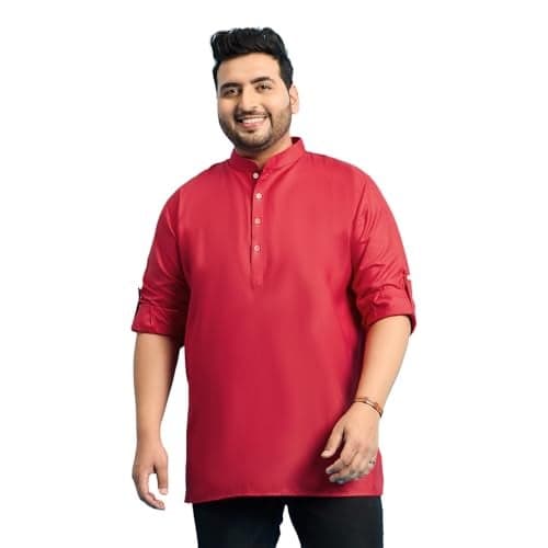 Bigbanana Plus Size Men's Regular Fit Solid Short Kurta (Pollan-Red,Red,4XL)