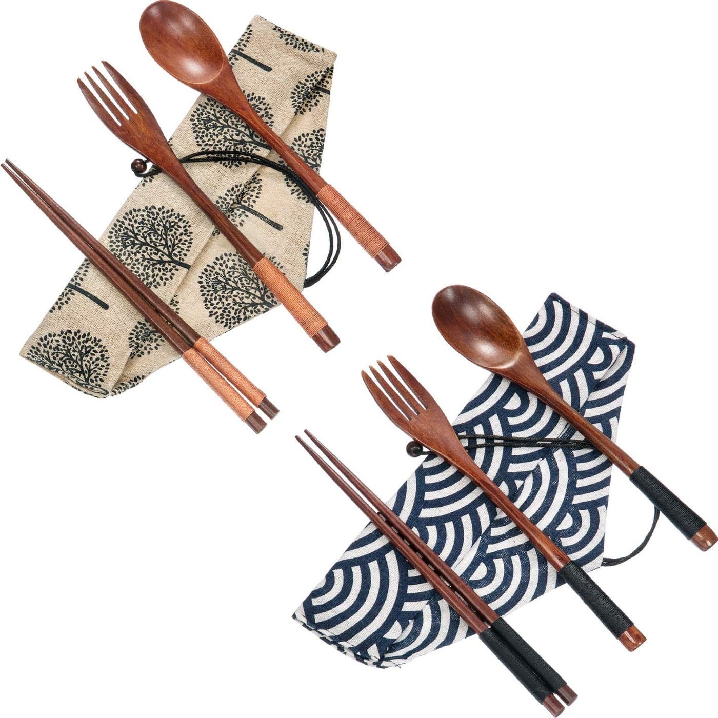 2 Sets Wooden Flatware Wooden Fork and Spoon Chopsticks Reusable Tableware Cutlery Set Travel Utensils Tied Line Flatware Eating Utensils with Pouch for Office Camping Traveling
