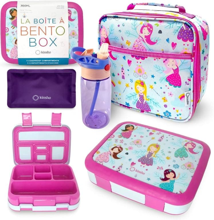 Bento Box with Insulated Lunch Bag Ice Pack Water Bottle for Kids - 5 Compartments, Removable Tray, Meal or Snack Container Girls Toddlers Daycare Pre School, Kindergarten, Pink Purple Fairy Princess