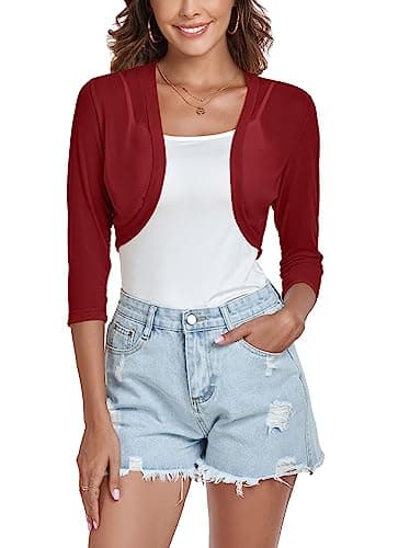Tandisk Women's 3/4 Sleeve Shrug Open Front Cardigan Bolero Jacket WineRed XL