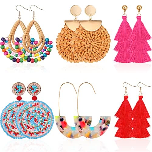 Hicarer 6 Pair Rattan Earrings Straw Tassel Bohemian Earrings for Women Christmas Party(Cute Series)