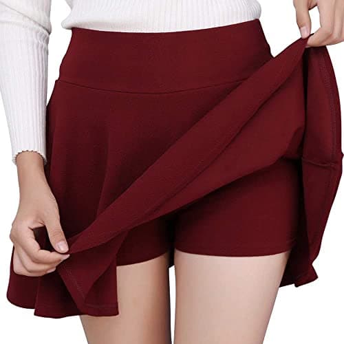 Mehrang Girl's/Women's Classic Stretchy All Time Trendy Skater Skirt with Attached Inner Shorts and Flared Inskirt (32, Maroon)