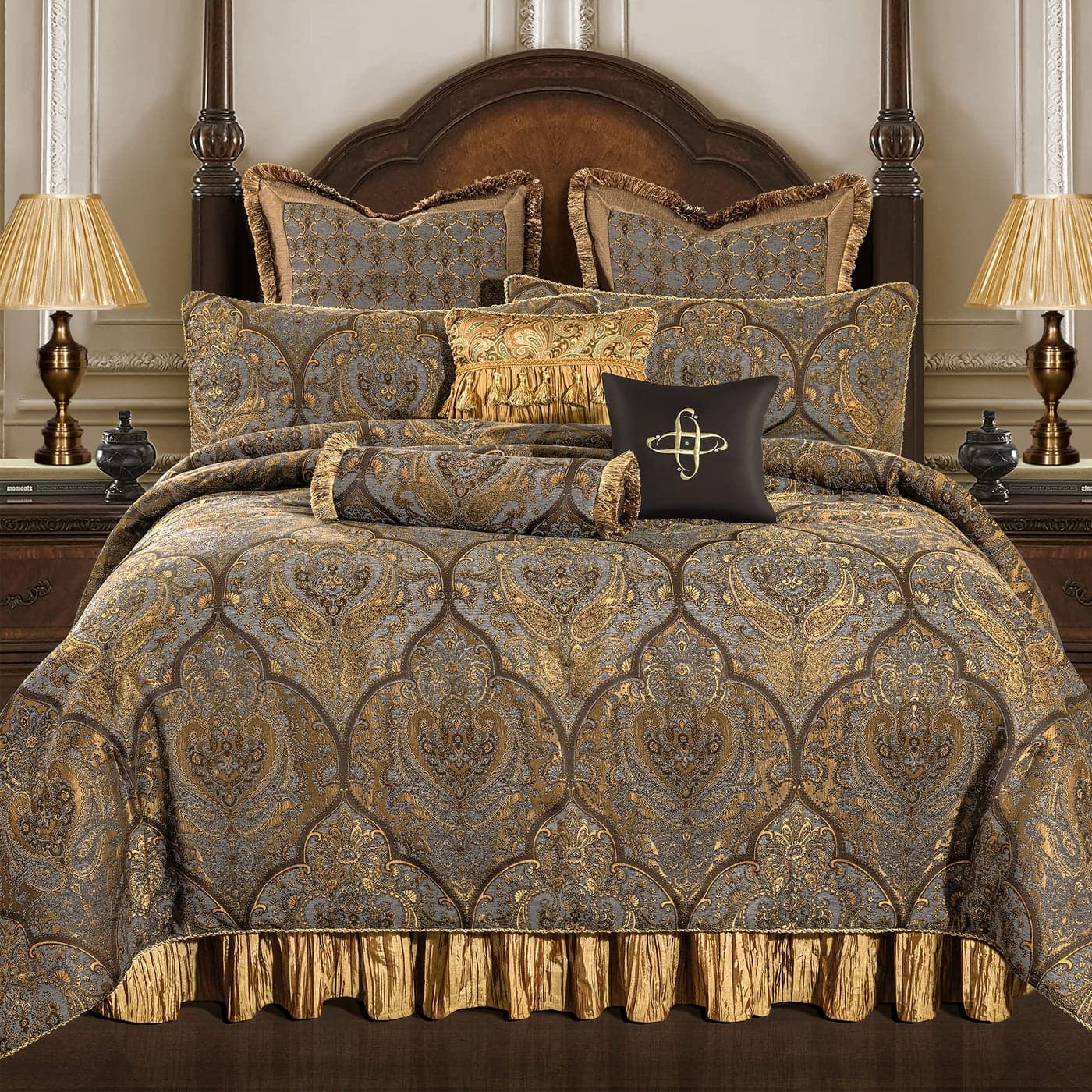 Loom and Mill 9Piece Jacquard Comforter Set Luxury Classic Antique Comforter Queen Sets Ultra Soft Damask Bedding with Euro Shams Bedskirt Filled Decorative Pillow for Home Cambridge Queen