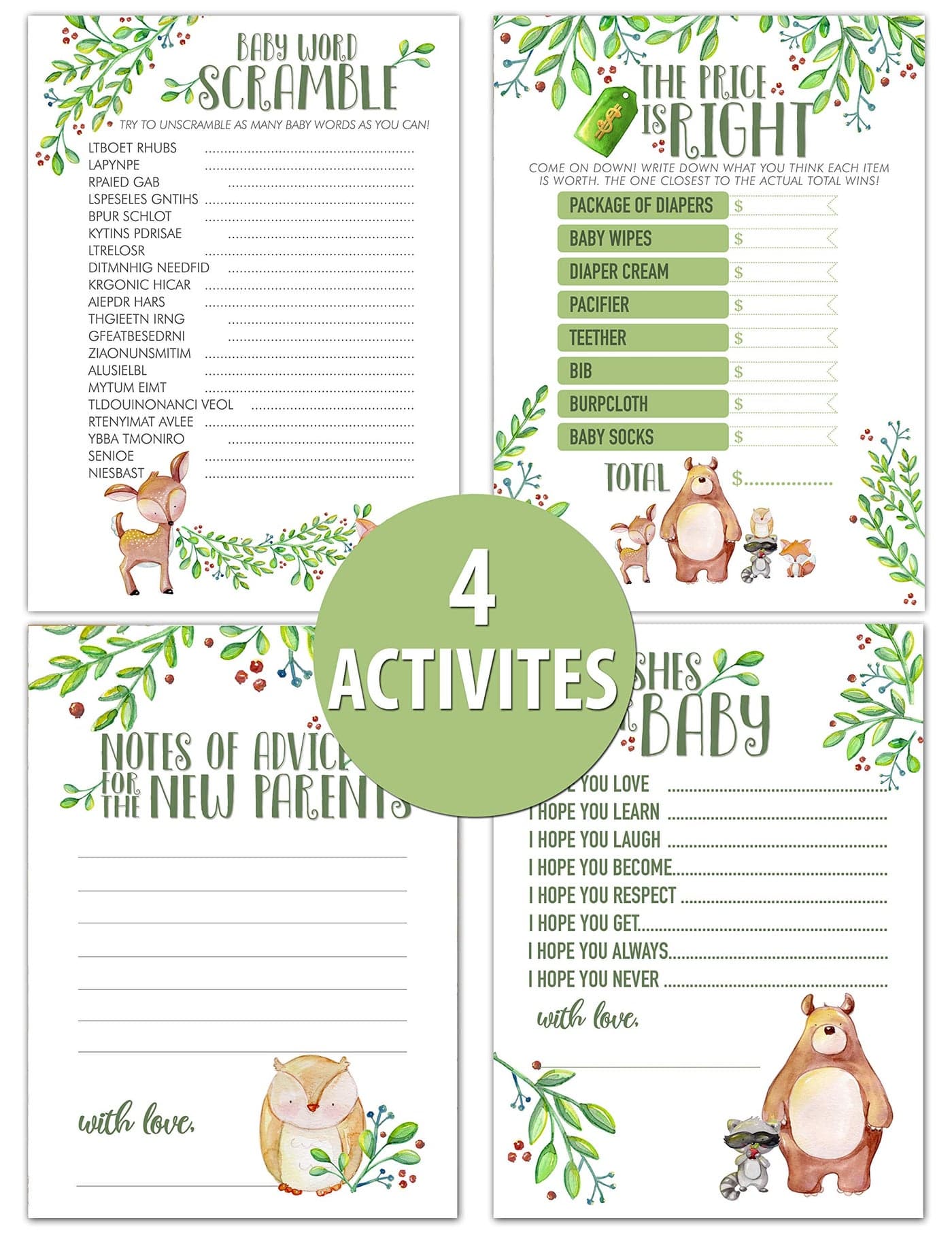 Woodland Creatures Baby Shower Game Bundle | 40 Cards - 4 Baby Shower Activities | Price Is Right | Word Unscramble | Notes of Advice | Wishes for Baby